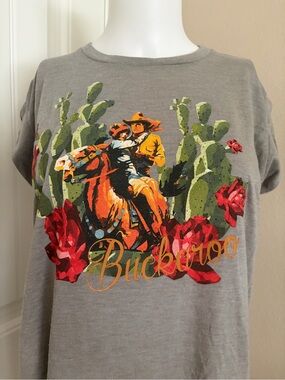 Rodeo Quincy Buckaroo Western Graphic Tee - Gray with Western Print